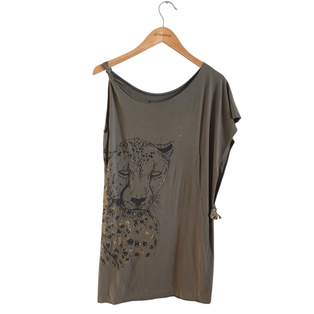 Key Closet Brown Asymmetric Rhinestone Leopard Cheetah Y2k Tee Size Small